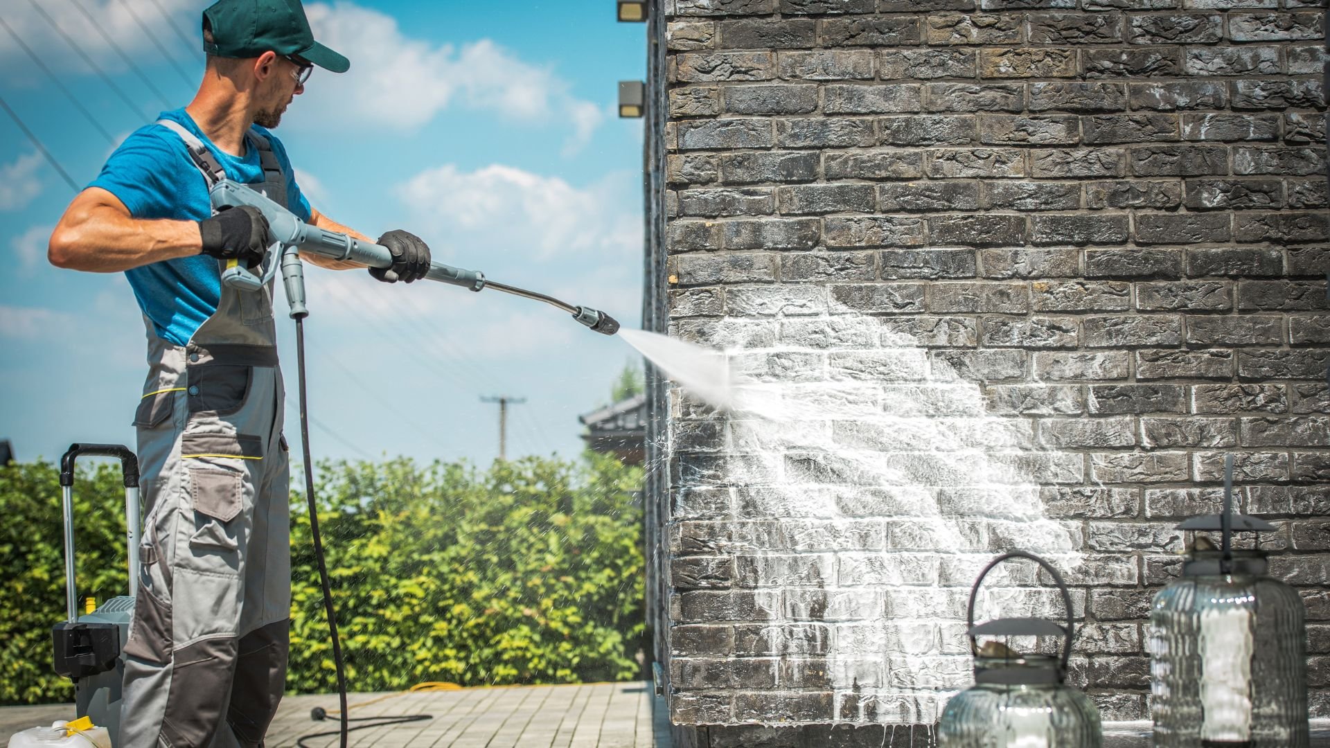 Worker pressure washing brick wall exterior with high-pressure water spray