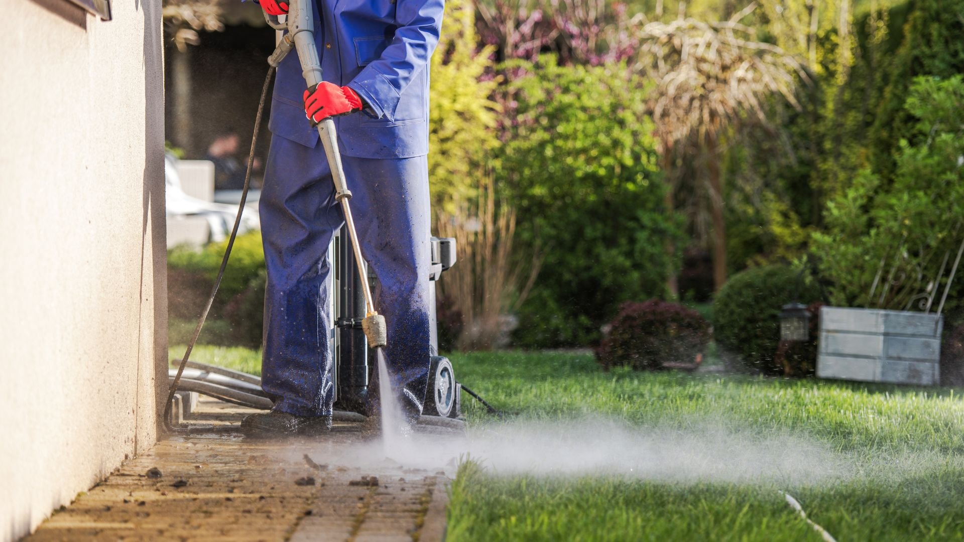 Person using power washer to clean outdoor surface near garden