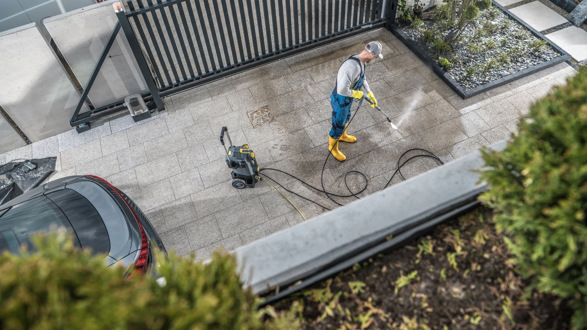 Person cleaning outdoor patio with high-pressure water washer