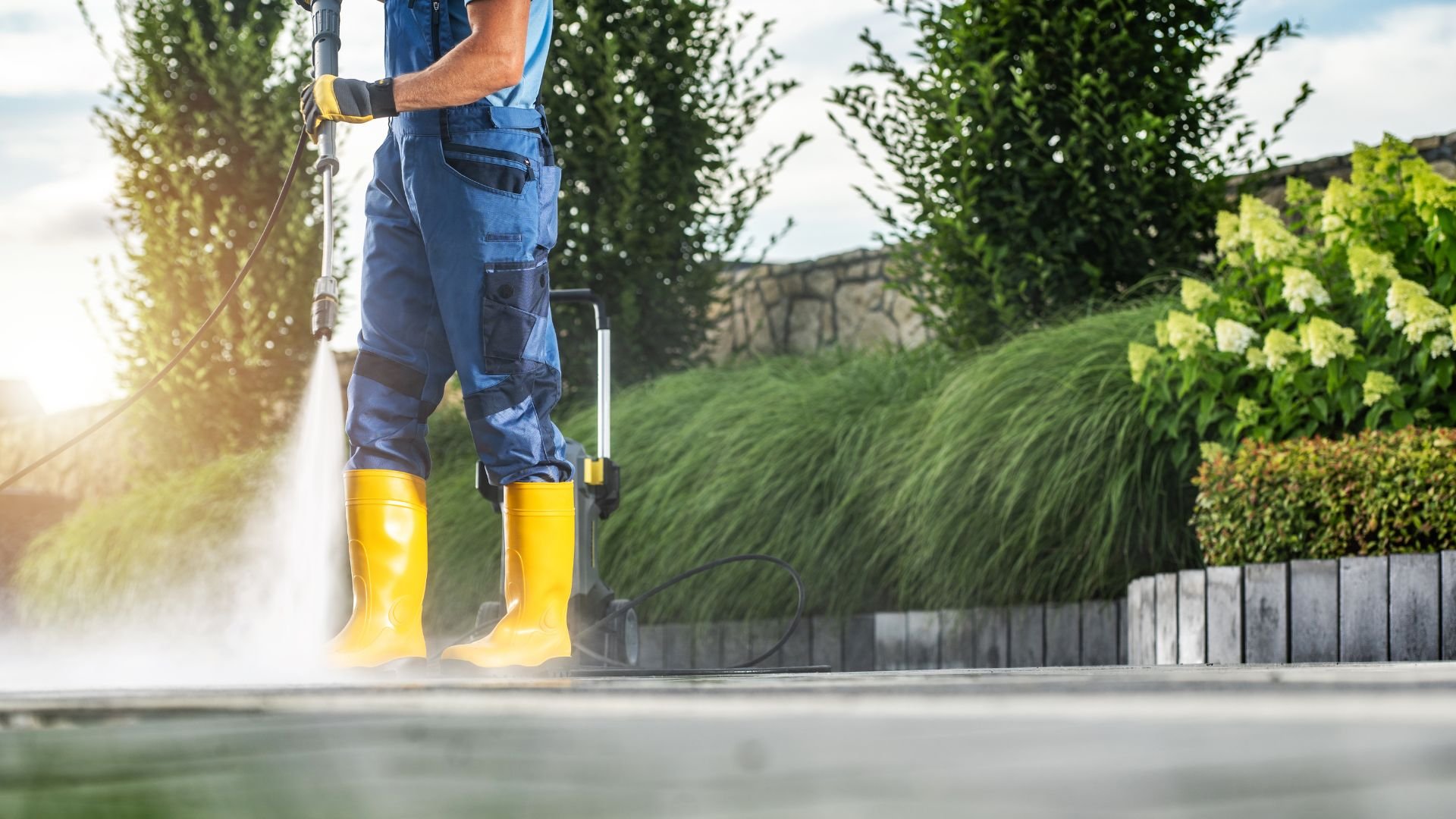 Worker in yellow boots pressure washing outdoor surface near garden